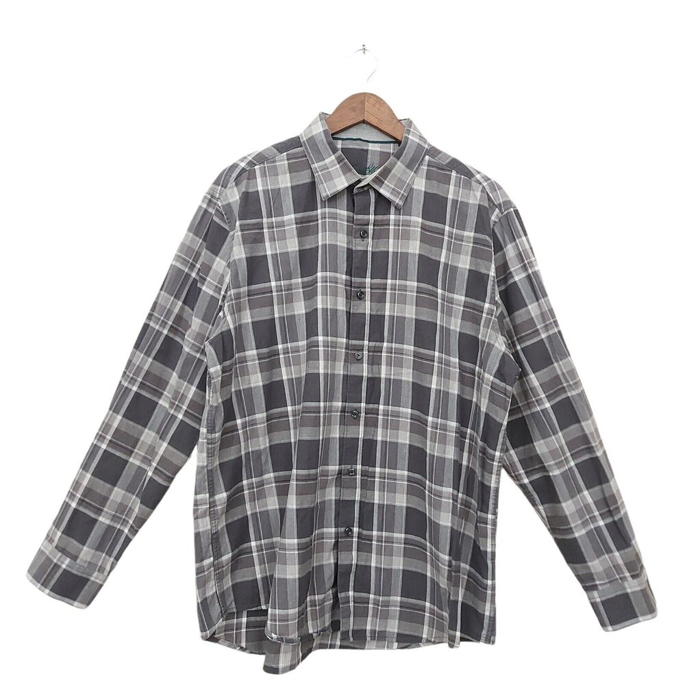 Tasso Elba Shirt Mens XL 17-17 1/2 Gray Plaid Cotton Long Sleeve Casual Preppy